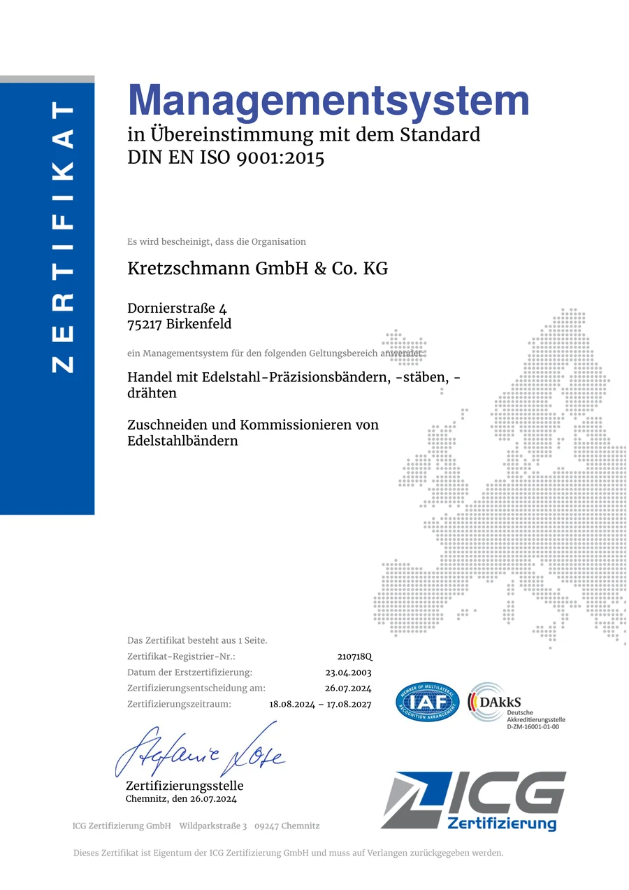 Zertifikat DIN EN ISO 9001:2015 der Kretzschmann GmbH & Co. KG, ausgestellt von der ICG Zertifizierung GmbH